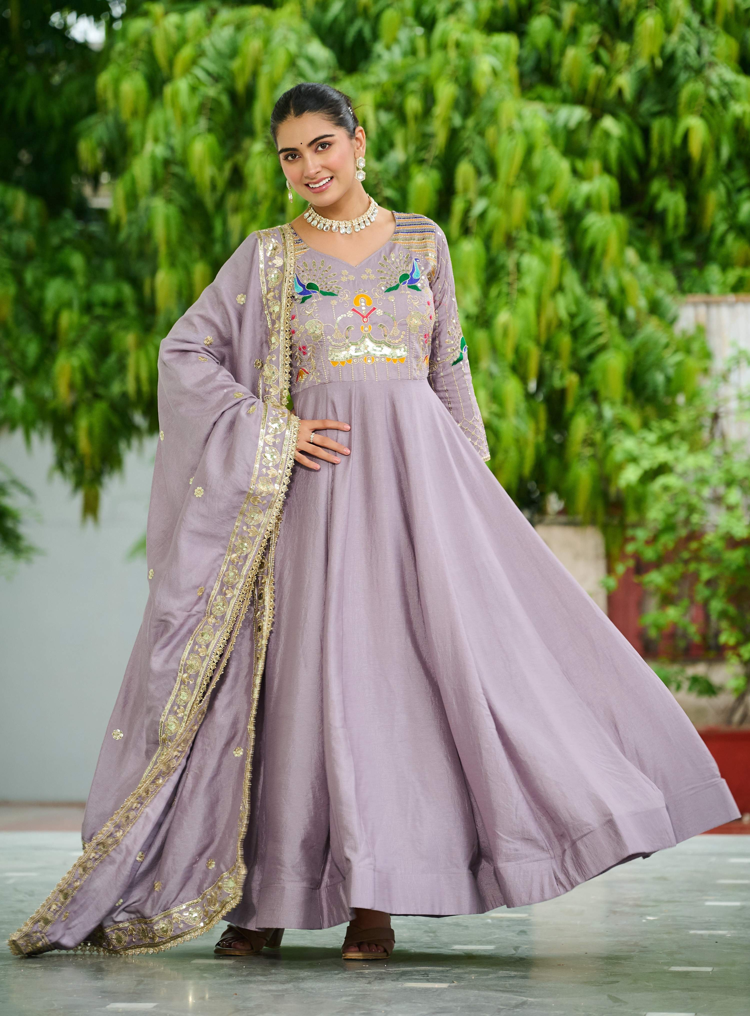 Vedant Vastram Vichitra Silk Embroidery & Sequence Work Stitched Ethnic Gown-Onion