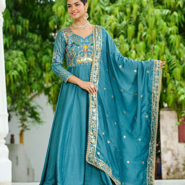 Vedant Vastram Vichitra Silk Embroidery & Sequence Work Stitched Ethnic Gown-Sky Blue