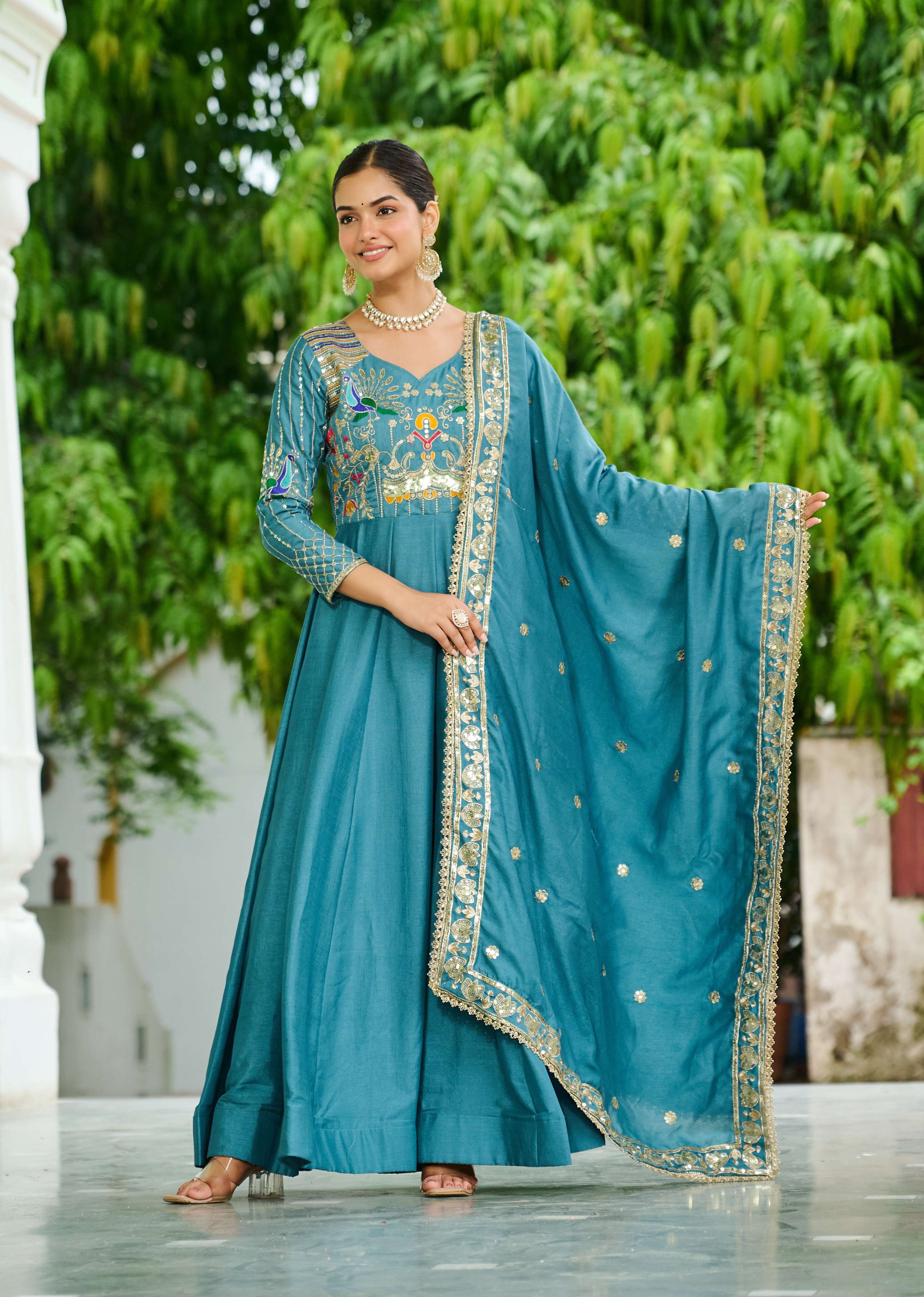 Vedant Vastram Vichitra Silk Embroidery & Sequence Work Stitched Ethnic Gown-Sky Blue