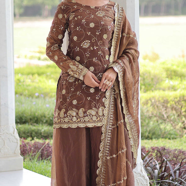 Vedant Vastram Russian Silk Embroidery & Sequence Work Stitched Ethnic Sharara Set-Coffee