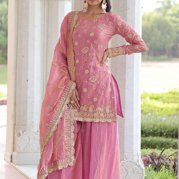 Vedant Vastram Russian Silk Embroidery & Sequence Work Stitched Ethnic Sharara Set-Pink