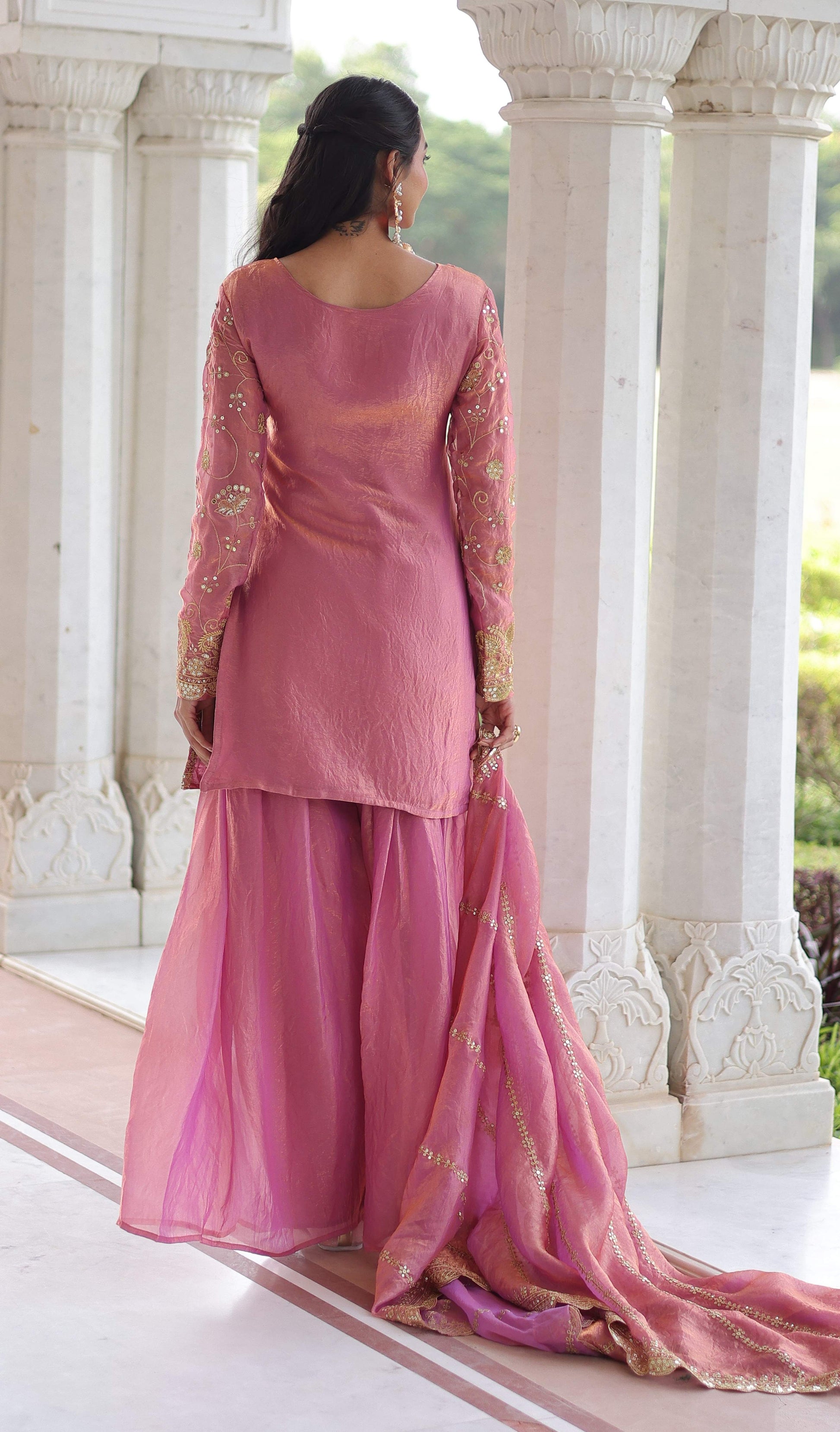 Vedant Vastram Russian Silk Embroidery & Sequence Work Stitched Ethnic Sharara Set-Pink - Distacart