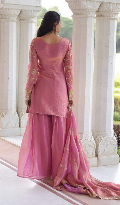 Vedant Vastram Russian Silk Embroidery & Sequence Work Stitched Ethnic Sharara Set-Pink - Distacart