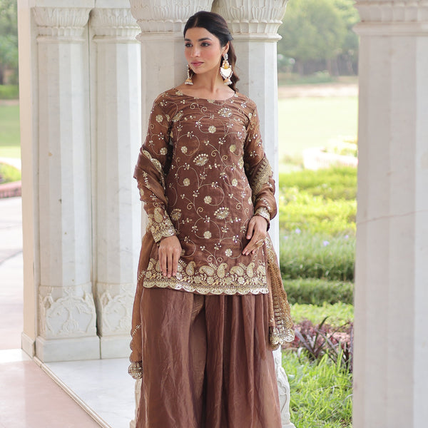 Prazu Fashion Coffee Fendi Silk Sequins & Zari Embroidered Sharara Suit