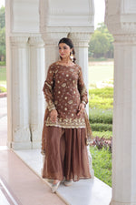 Thumbnail for Prazu Fashion Coffee Fendi Silk Sequins & Zari Embroidered Sharara Suit