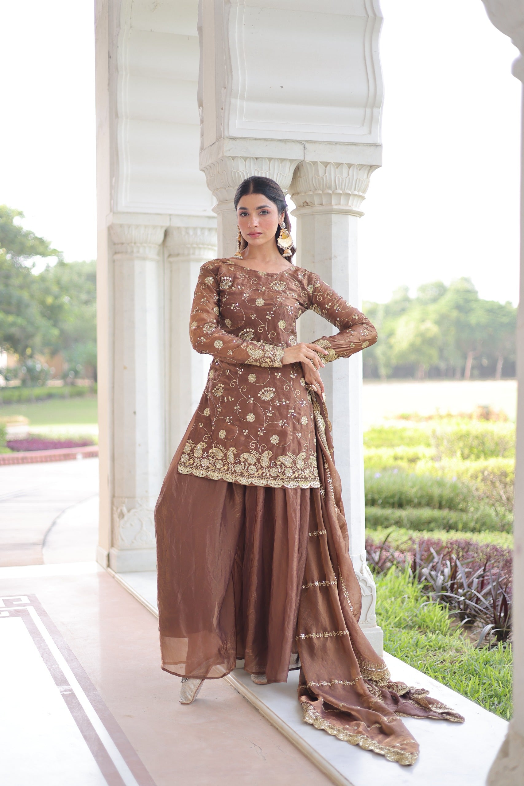 Prazu Fashion Coffee Fendi Silk Sequins & Zari Embroidered Sharara Suit