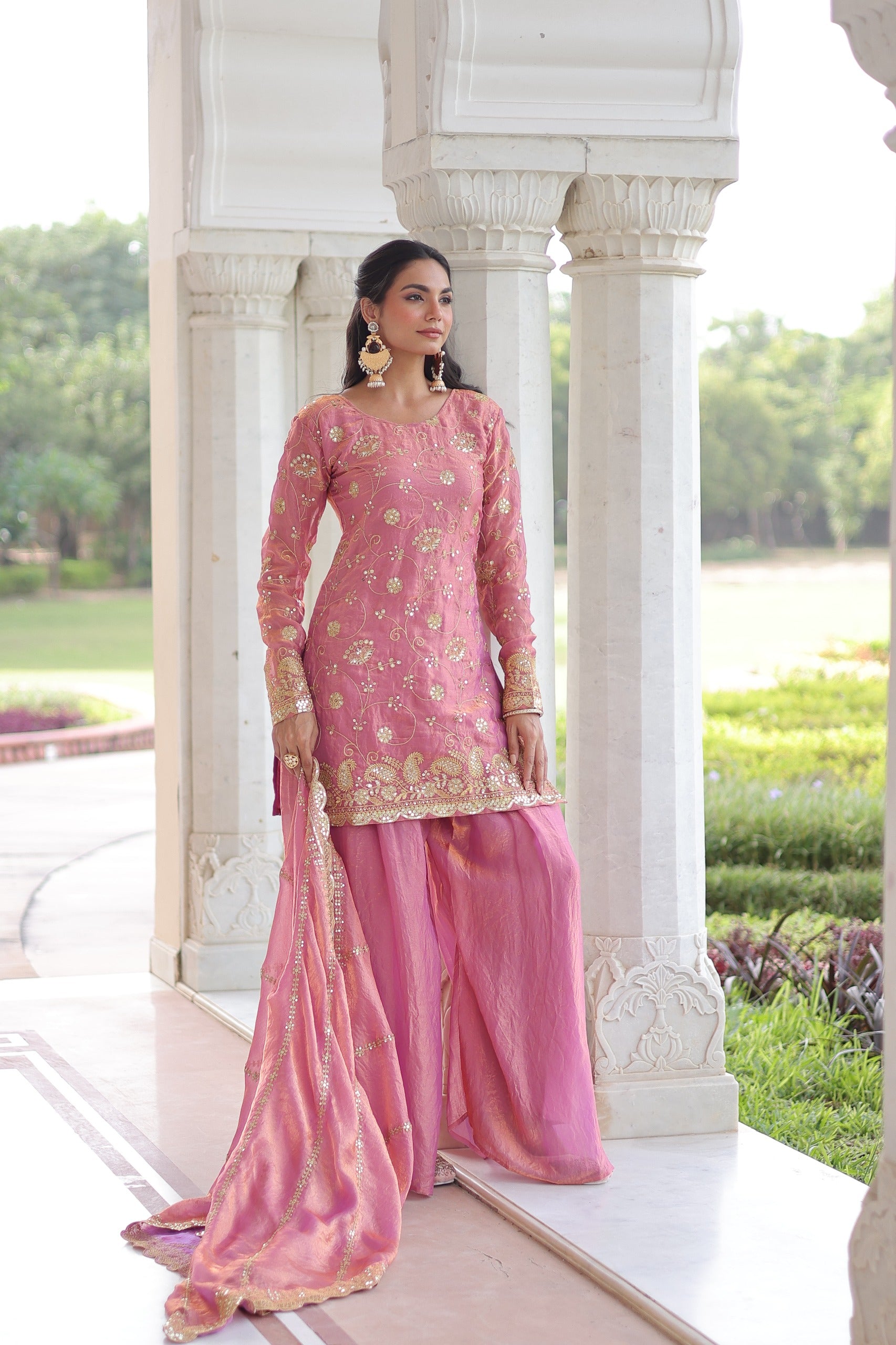 Prazu Fashion Light Pink Fendi Silk Sequins & Zari Embroidered Sharara Suit