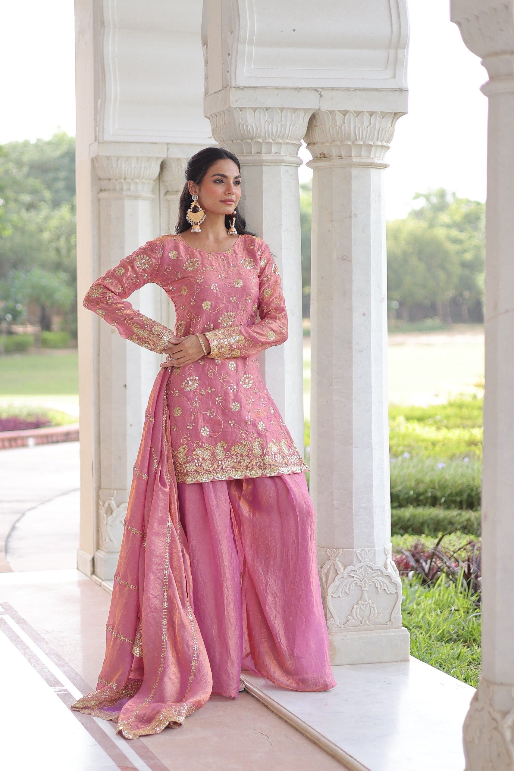 Prazu Fashion Light Pink Fendi Silk Sequins & Zari Embroidered Sharara Suit