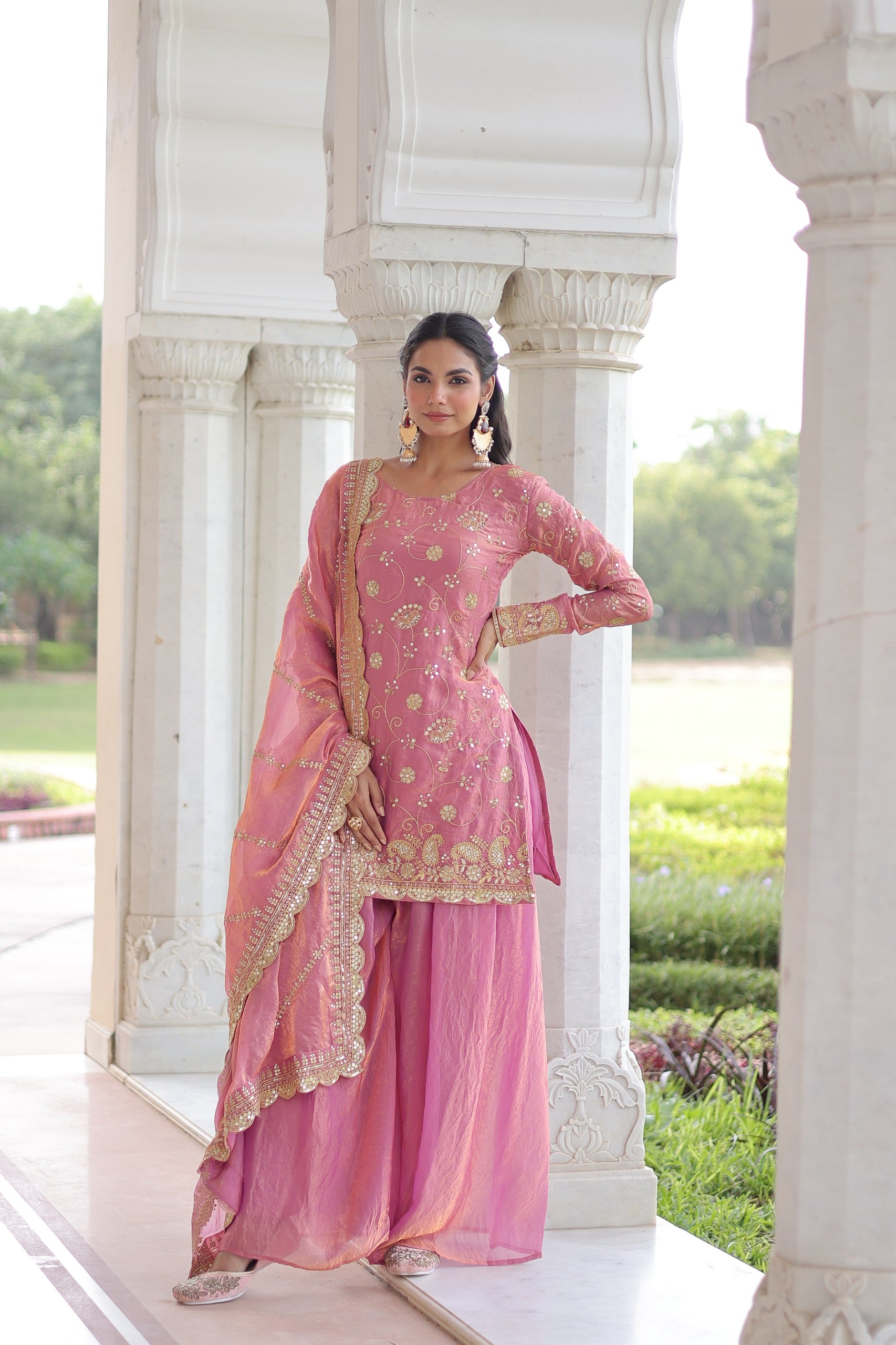 Prazu Fashion Light Pink Fendi Silk Sequins & Zari Embroidered Sharara Suit - Distacart