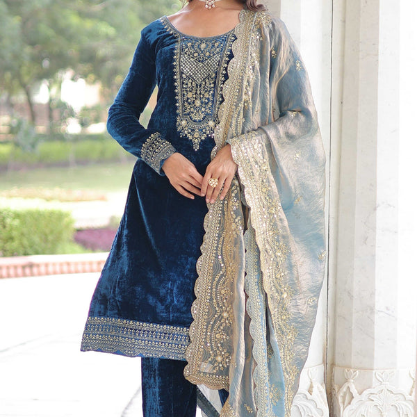 Vedant Vastram Heavy Velvet Embroidery & Sequence Work Stitched Salwar Suit Set-Blue - Distacart