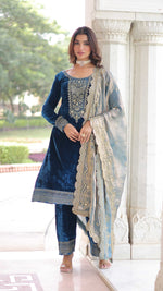 Thumbnail for Vedant Vastram Heavy Velvet Embroidery & Sequence Work Stitched Salwar Suit Set-Blue - Distacart