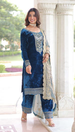 Thumbnail for Vedant Vastram Heavy Velvet Embroidery & Sequence Work Stitched Salwar Suit Set-Blue - Distacart
