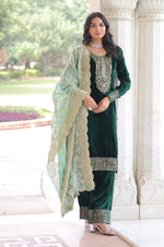 Thumbnail for Vedant Vastram Heavy Velvet Embroidery & Sequence Work Stitched Salwar Suit Set-Green - Distacart