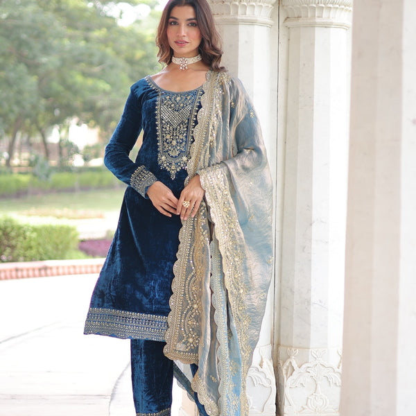 Prazu Fashion Blue Velvet Rich Sequins & Zari Embroidered Work Salwar Suit - Distacart
