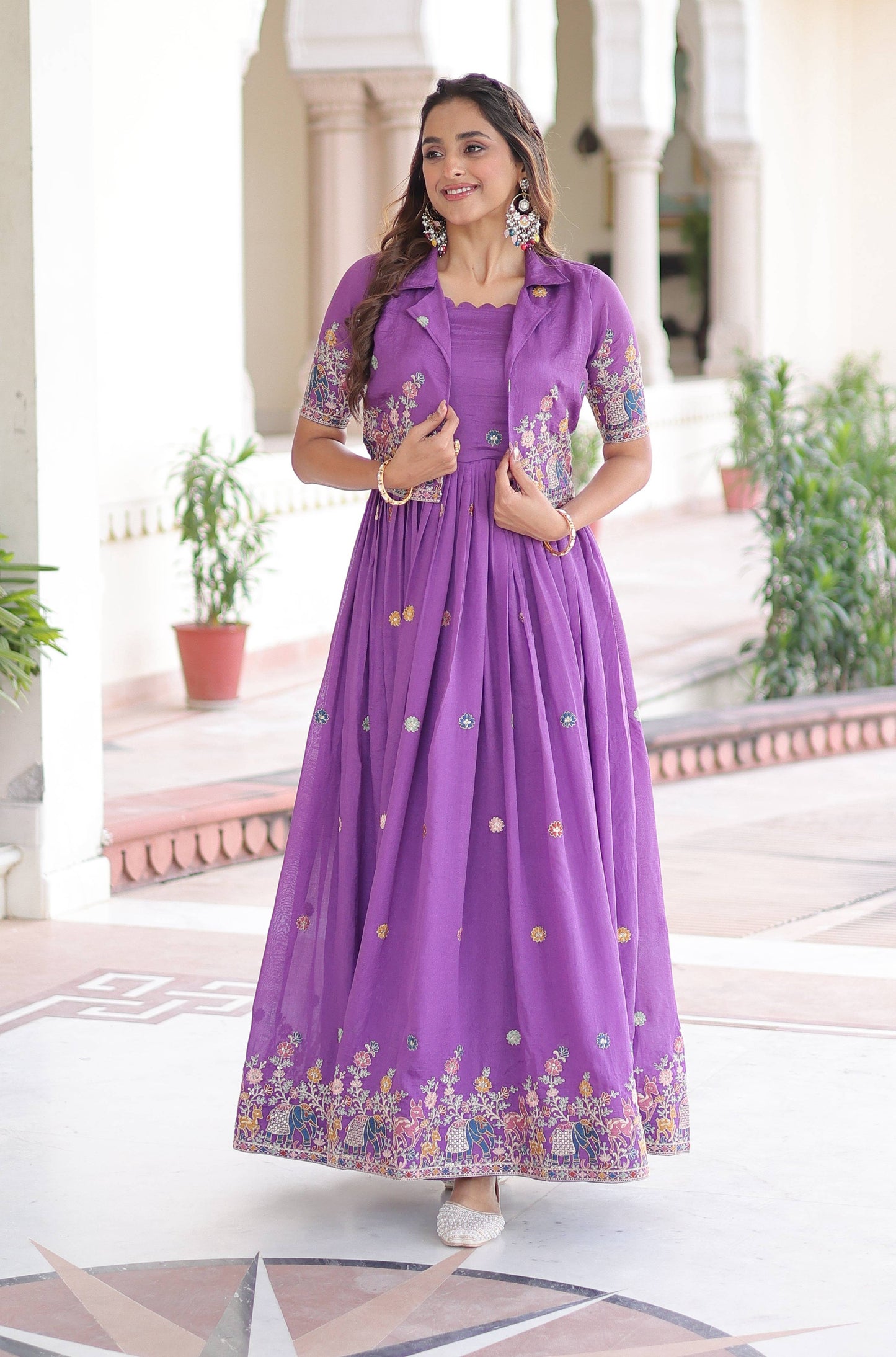 Vedant Vastram Vichitra Silk Embroidery & Sequence Work Stitched Ethnic Gown-Purple - Distacart
