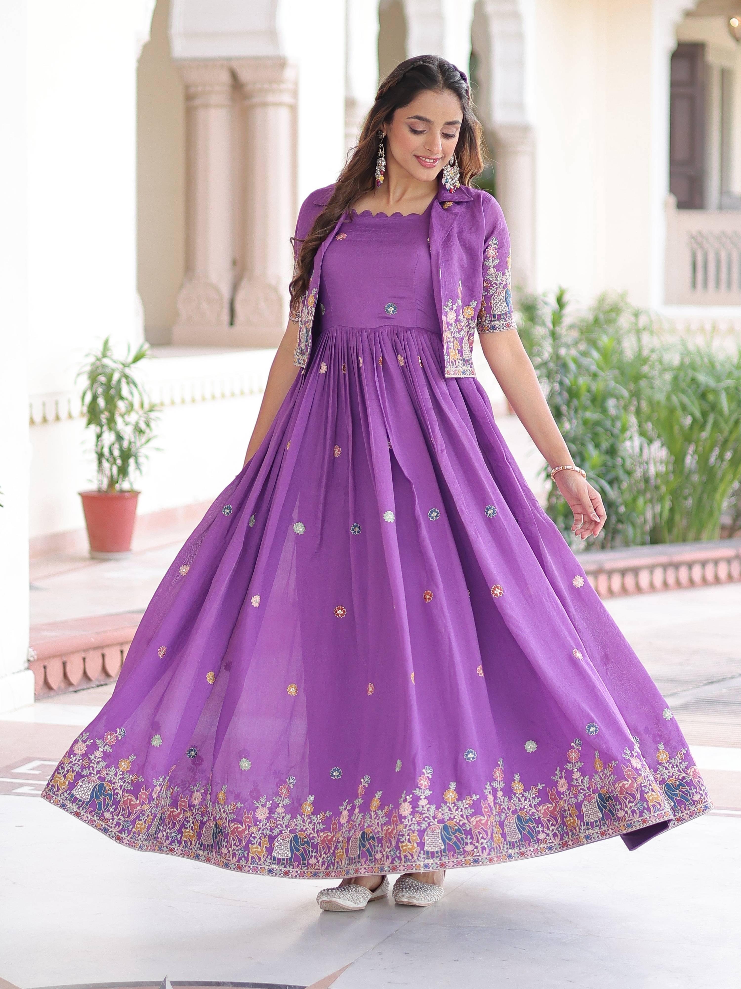 Vedant Vastram Vichitra Silk Embroidery & Sequence Work Stitched Ethnic Gown-Purple