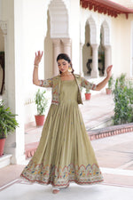 Thumbnail for Prazu Fashion Olive Green Vichitra Silk With Sequins, Zari & Thread Gown With Koti - Distacart