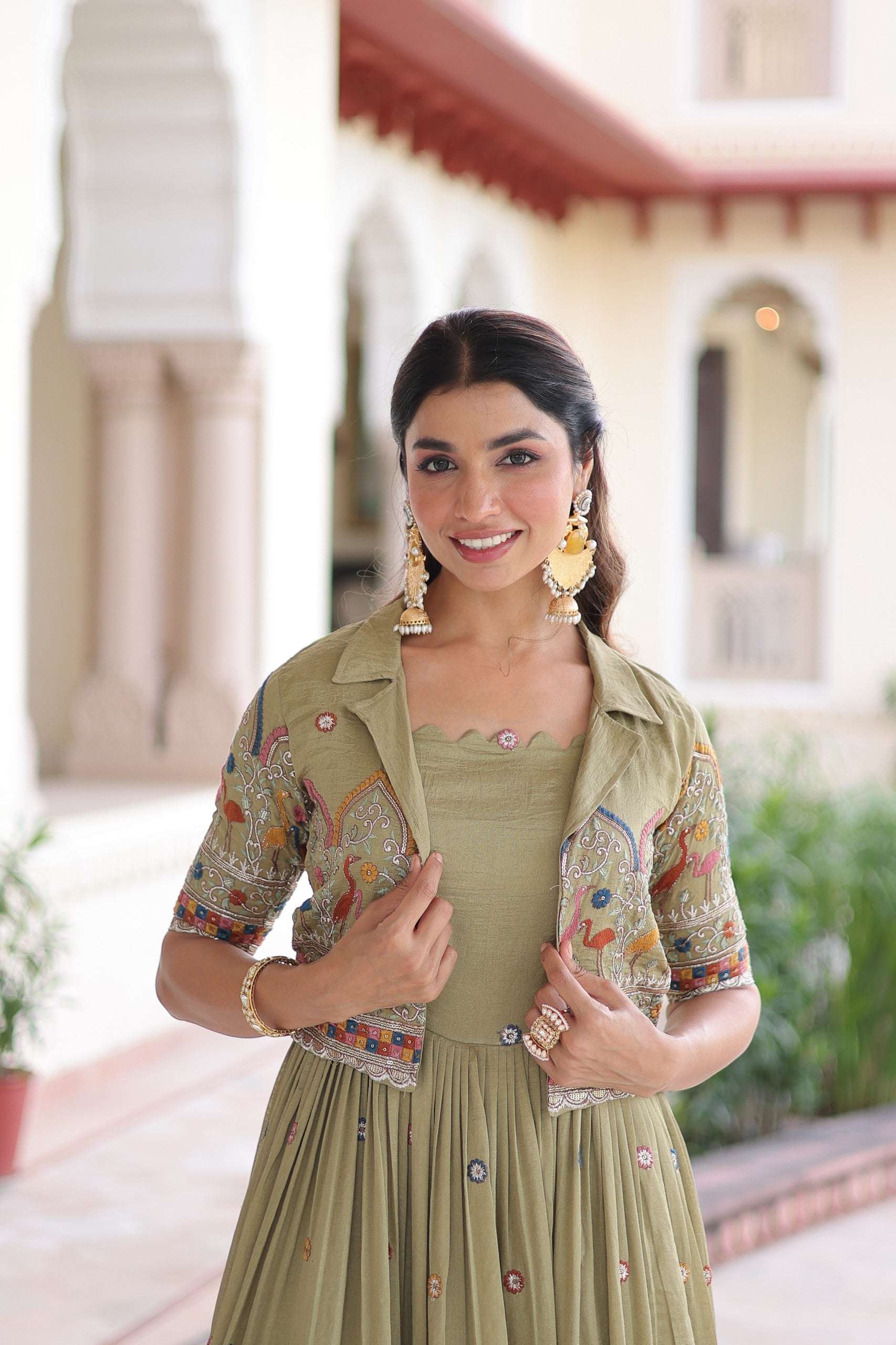 Prazu Fashion Olive Green Vichitra Silk With Sequins, Zari & Thread Gown With Koti - Distacart