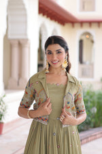 Thumbnail for Prazu Fashion Olive Green Vichitra Silk With Sequins, Zari & Thread Gown With Koti - Distacart