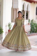 Thumbnail for Prazu Fashion Olive Green Vichitra Silk With Sequins, Zari & Thread Gown With Koti - Distacart