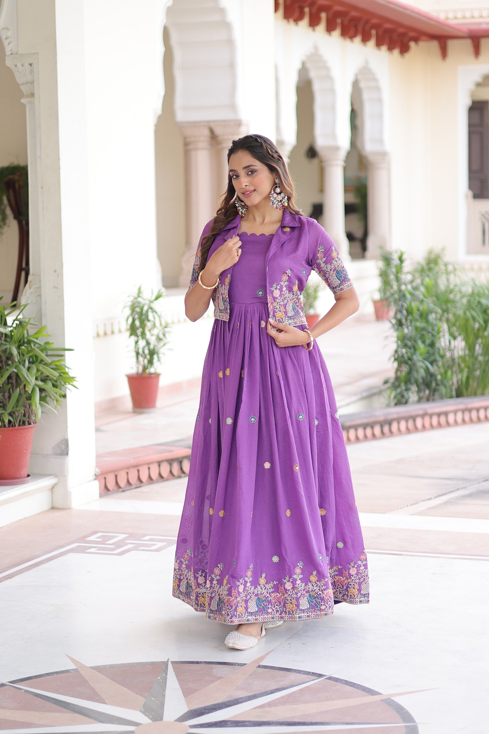 Prazu Fashion Purple Vichitra Silk With Sequins, Zari & Thread Gown With Koti - Distacart