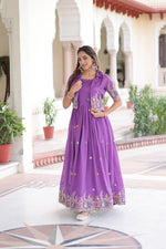 Thumbnail for Prazu Fashion Purple Vichitra Silk With Sequins, Zari & Thread Gown With Koti - Distacart