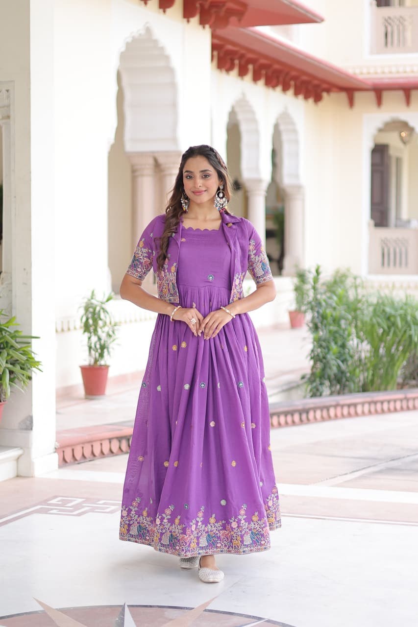 Prazu Fashion Purple Vichitra Silk With Sequins, Zari & Thread Gown With Koti - Distacart