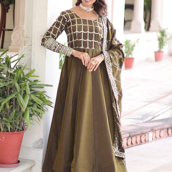 Vedant Vastram Vichitra Silk Embroidery & Sequence Work Stitched Ethnic Gown-Mahendi