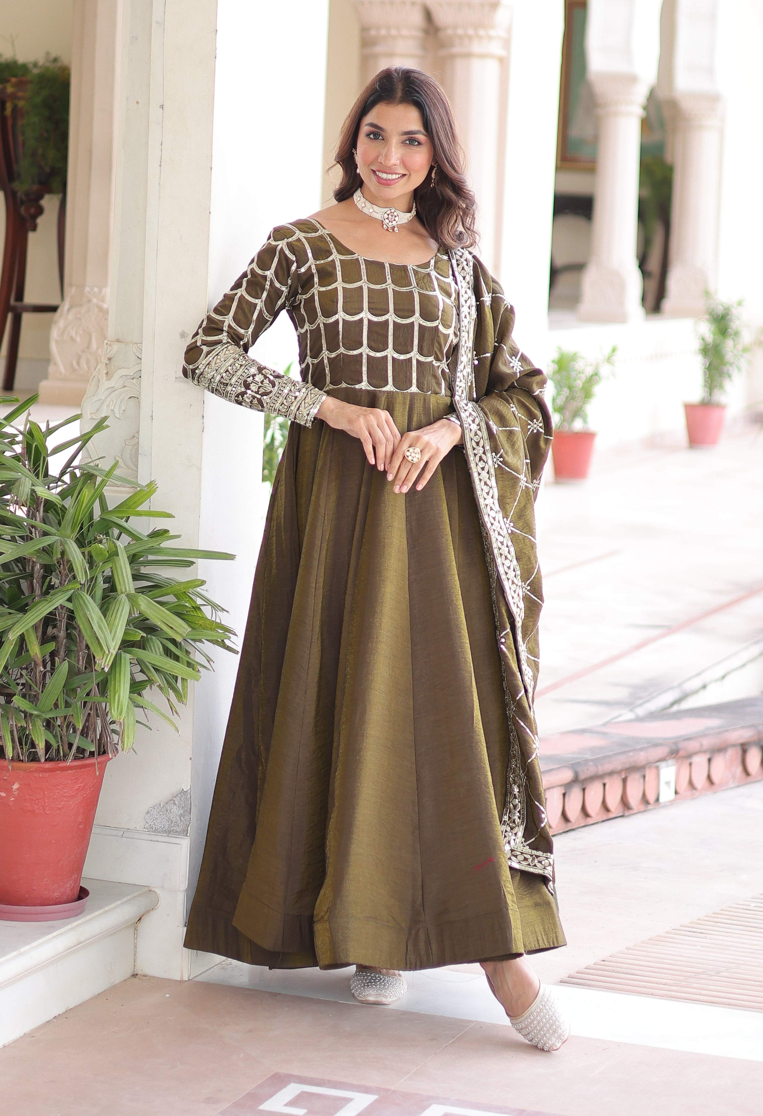 Vedant Vastram Vichitra Silk Embroidery & Sequence Work Stitched Ethnic Gown-Mahendi