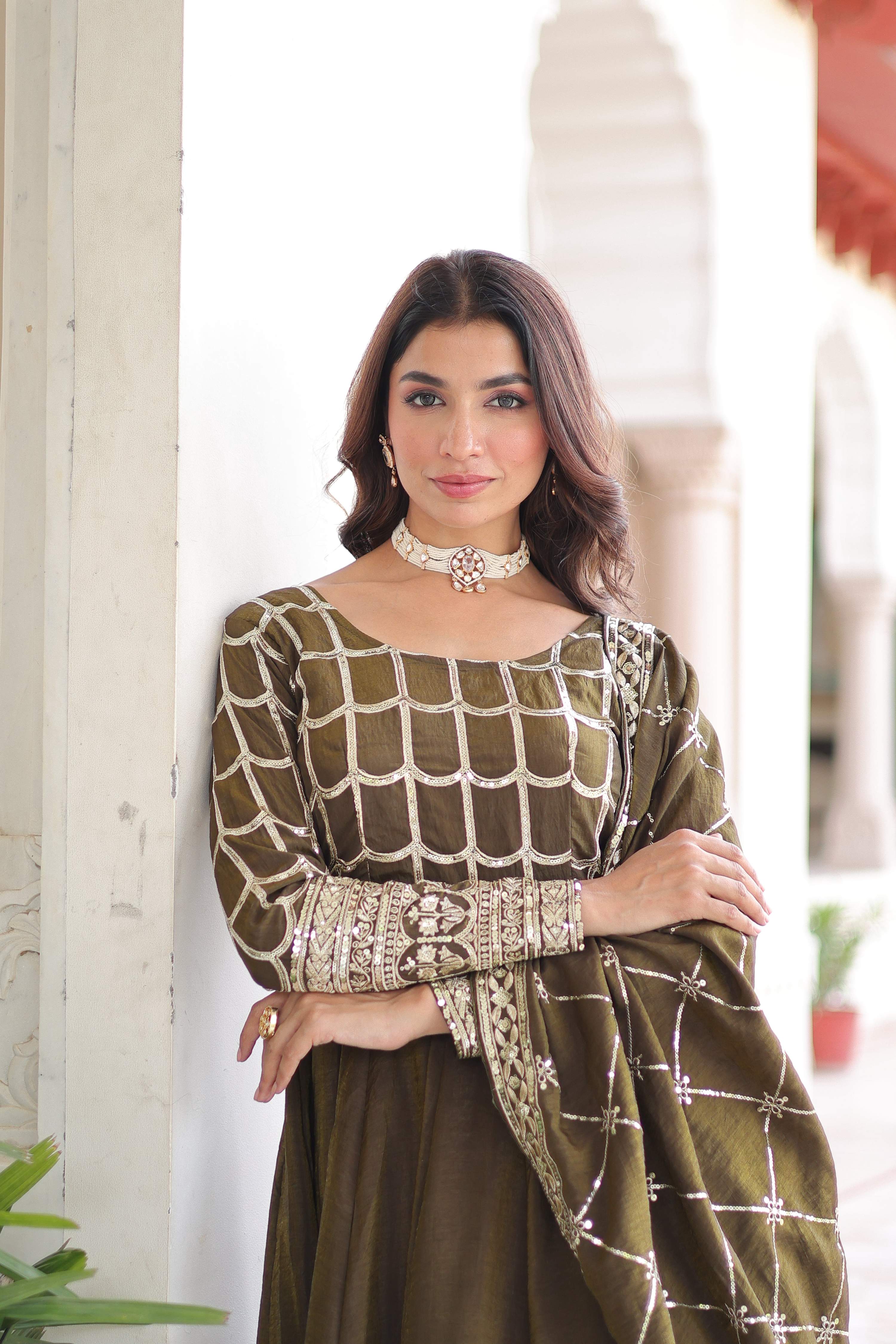 Vedant Vastram Vichitra Silk Embroidery & Sequence Work Stitched Ethnic Gown-Mahendi