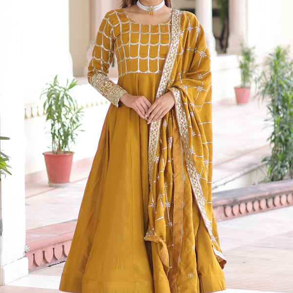 Vedant Vastram Vichitra Silk Embroidery & Sequence Work Stitched Ethnic Gown-Yellow