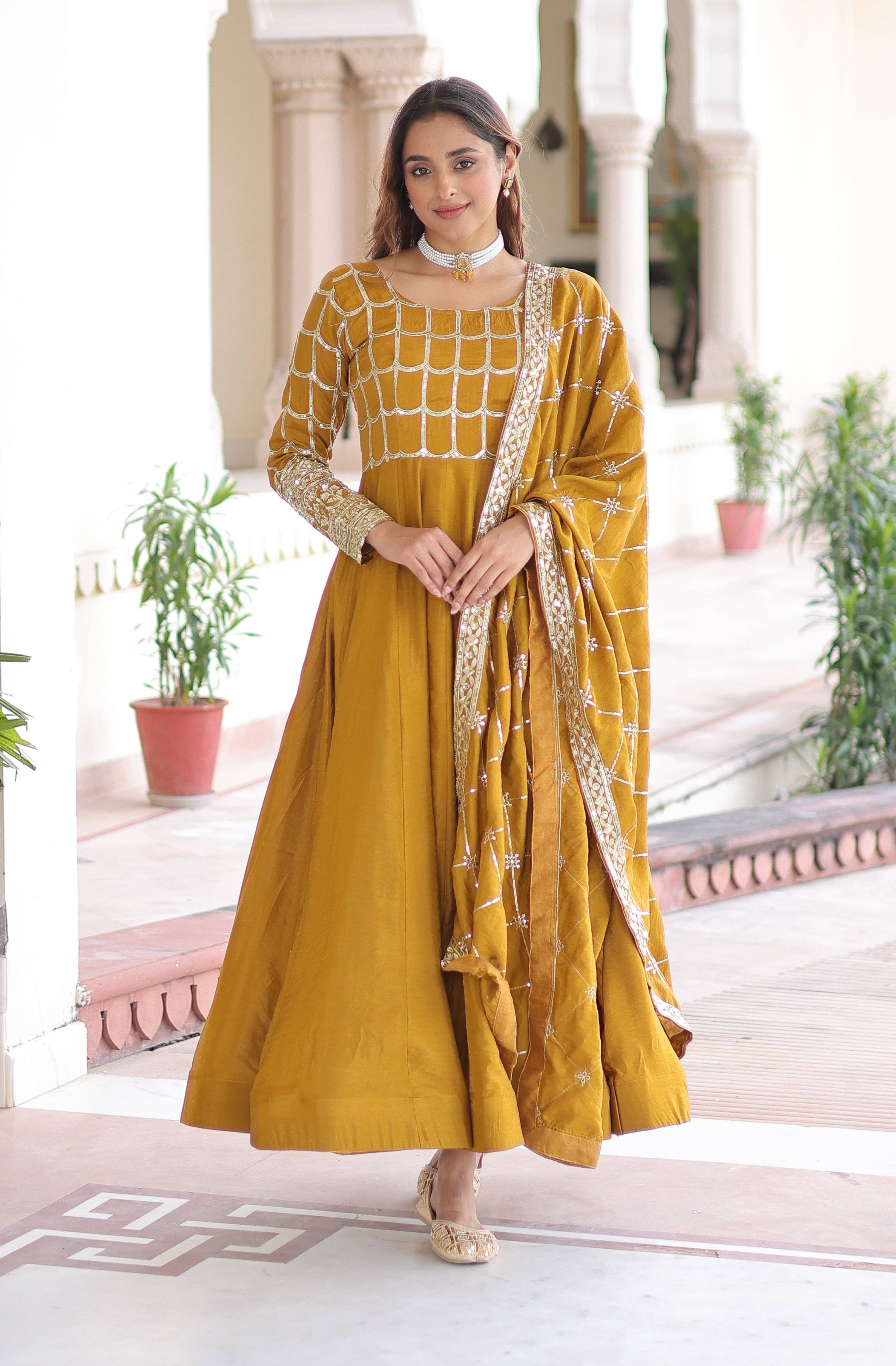 Vedant Vastram Vichitra Silk Embroidery & Sequence Work Stitched Ethnic Gown-Yellow