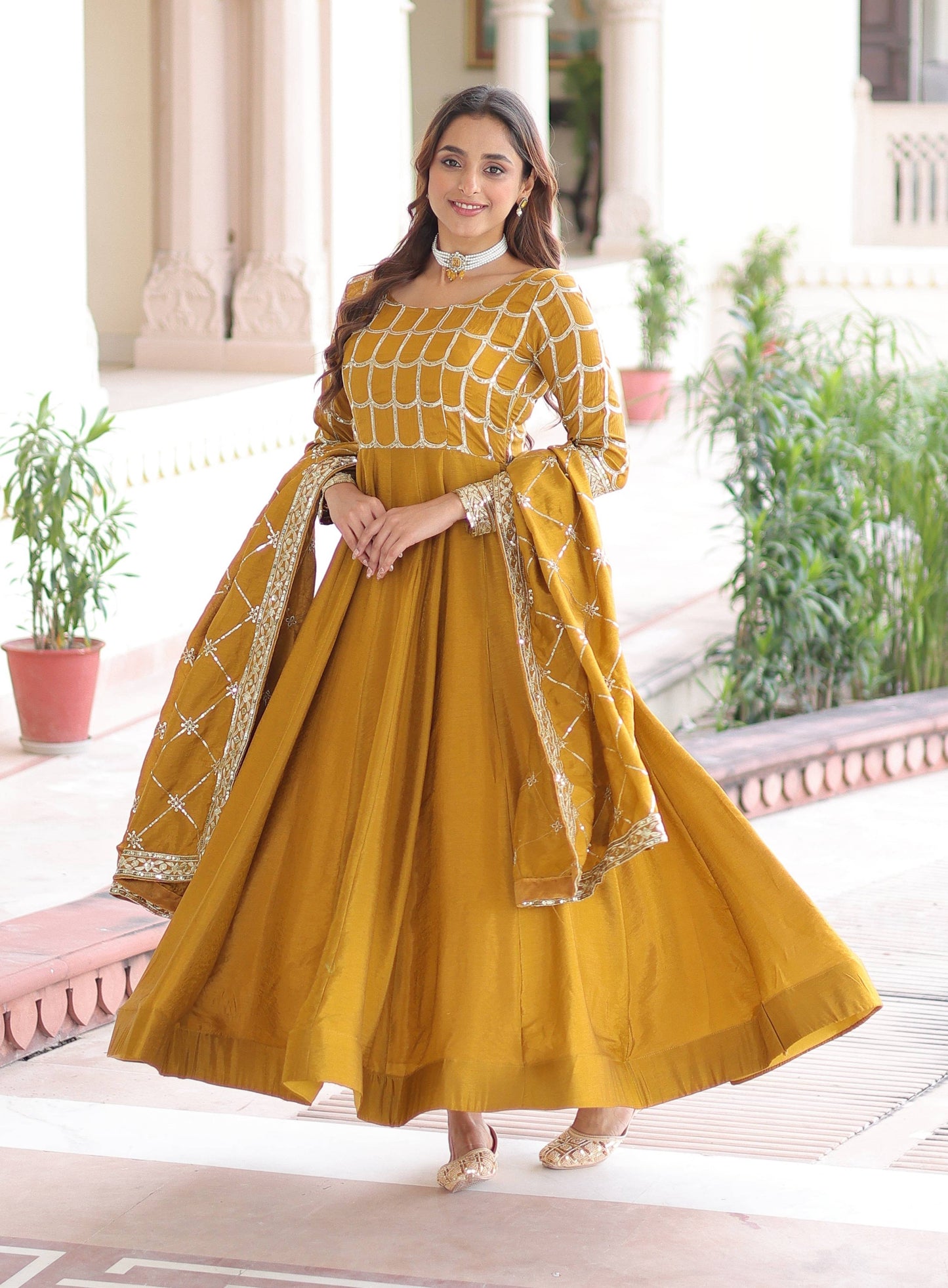 Vedant Vastram Vichitra Silk Embroidery & Sequence Work Stitched Ethnic Gown-Yellow - Distacart