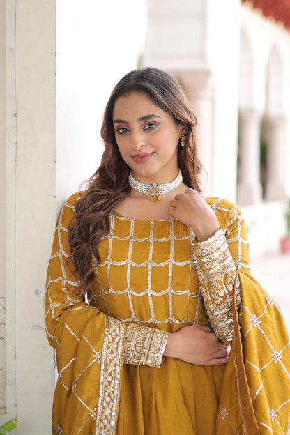Vedant Vastram Vichitra Silk Embroidery & Sequence Work Stitched Ethnic Gown-Yellow - Distacart