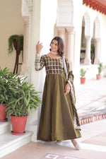 Thumbnail for Prazu Fashion Mahendi Vichitra Silk Rich Sequins & Zari Embroidered Gown With Dupatta - Distacart
