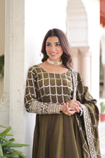 Thumbnail for Prazu Fashion Mahendi Vichitra Silk Rich Sequins & Zari Embroidered Gown With Dupatta - Distacart