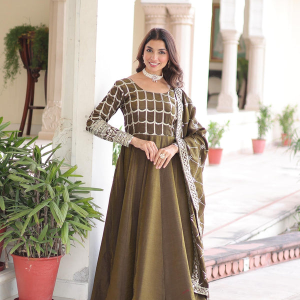 Prazu Fashion Mahendi Vichitra Silk Rich Sequins & Zari Embroidered Gown With Dupatta - Distacart