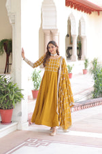 Thumbnail for Prazu Fashion Mustard Vichitra Silk Rich Sequins & Zari Embroidered Gown With Dupatta - Distacart