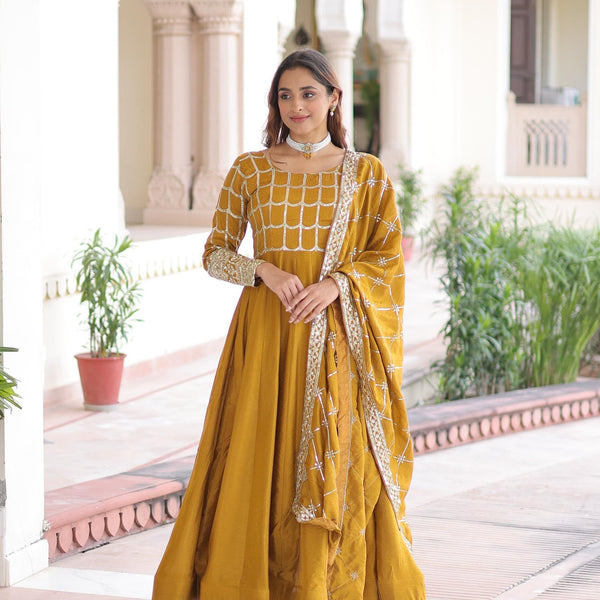 Prazu Fashion Mustard Vichitra Silk Rich Sequins & Zari Embroidered Gown With Dupatta - Distacart