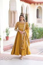 Thumbnail for Prazu Fashion Mustard Vichitra Silk Rich Sequins & Zari Embroidered Gown With Dupatta - Distacart