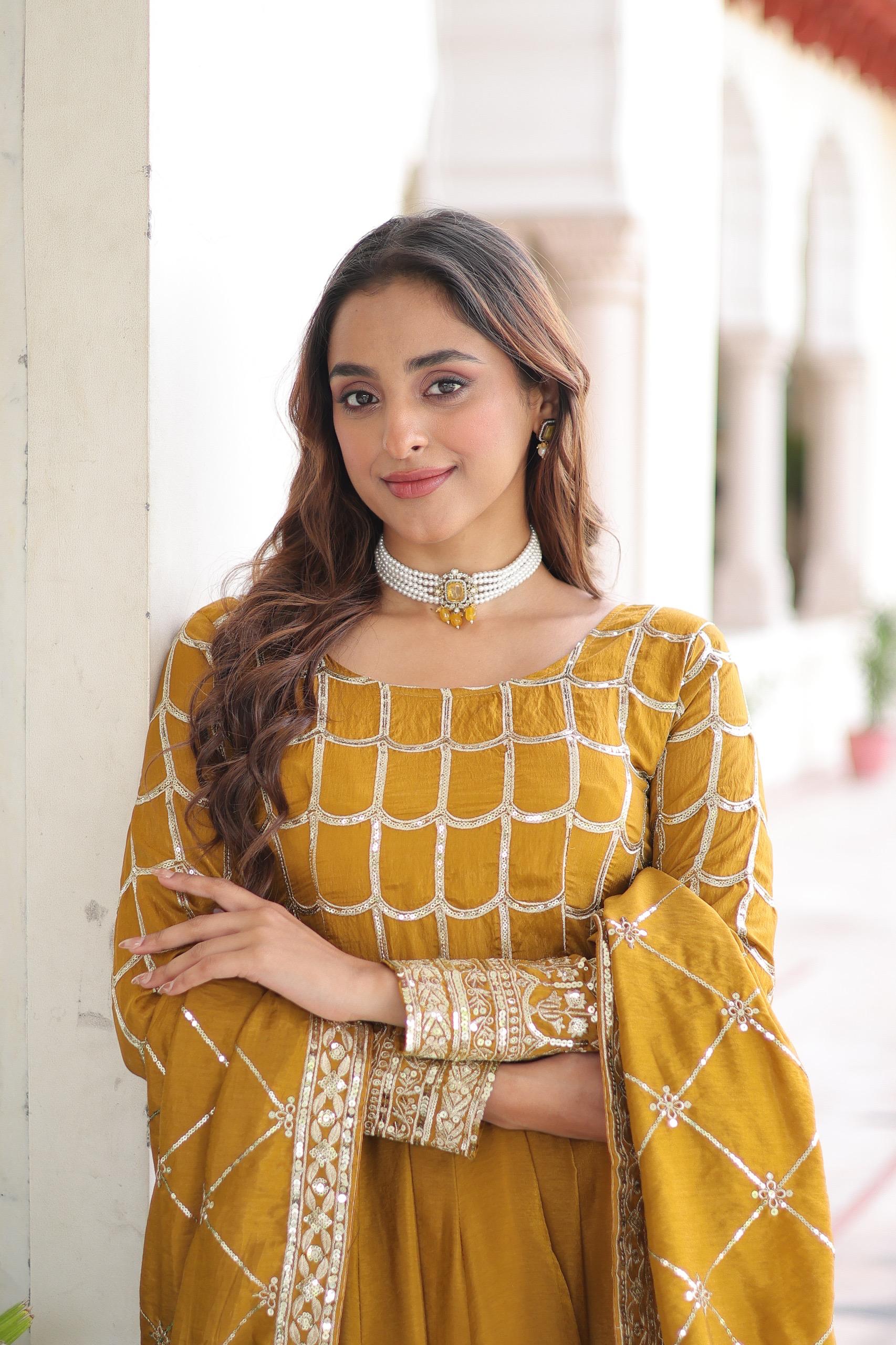 Prazu Fashion Mustard Vichitra Silk Rich Sequins & Zari Embroidered Gown With Dupatta - Distacart