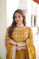Thumbnail for Prazu Fashion Mustard Vichitra Silk Rich Sequins & Zari Embroidered Gown With Dupatta - Distacart