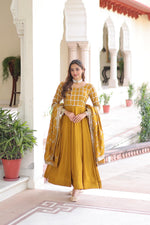 Thumbnail for Prazu Fashion Mustard Vichitra Silk Rich Sequins & Zari Embroidered Gown With Dupatta - Distacart