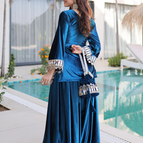 Vedant Vastram Heavy Velvet Embroidery & Mirror Work Stitched Ethnic Palazzo Set-Rama - Distacart