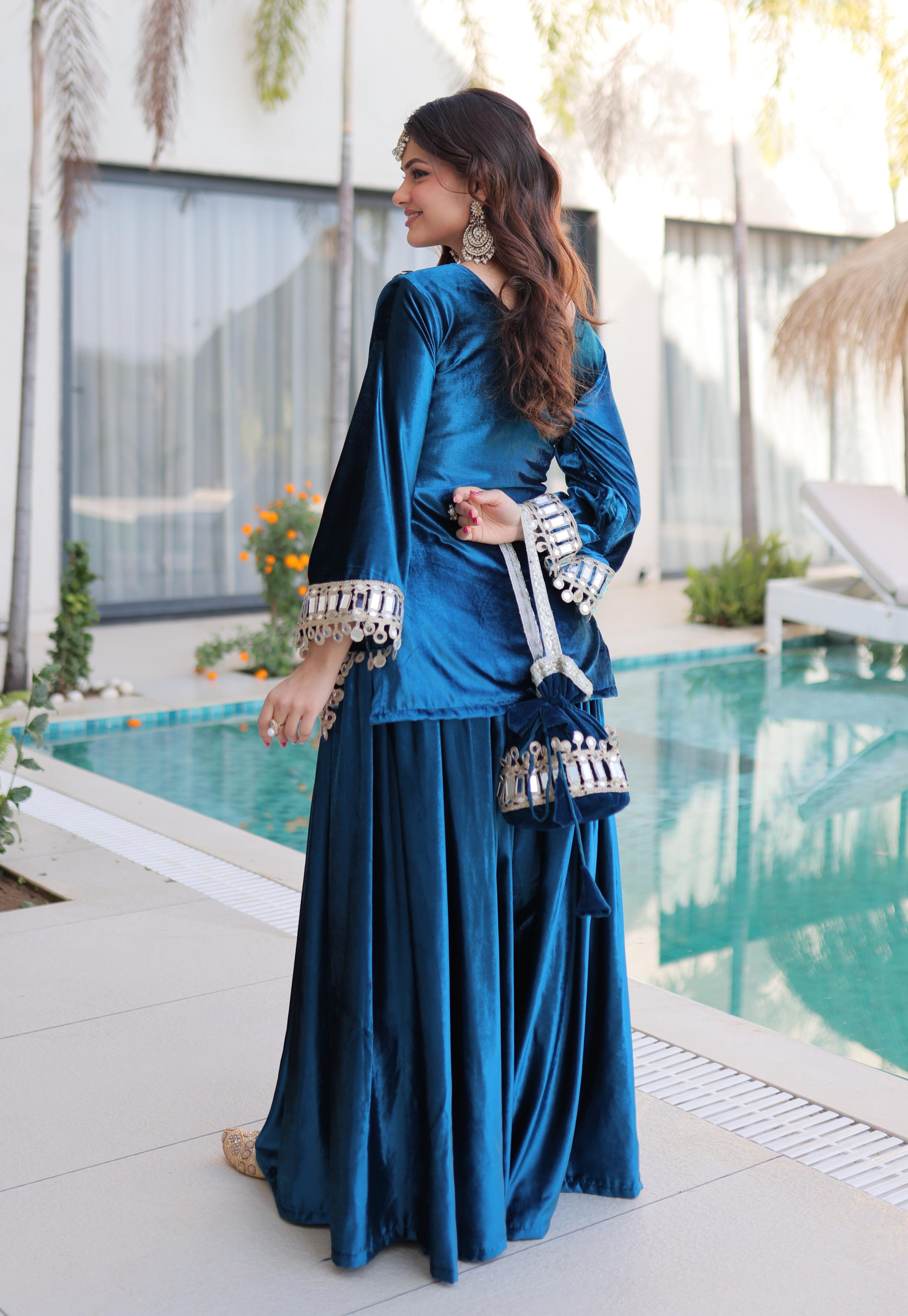 Vedant Vastram Heavy Velvet Embroidery & Mirror Work Stitched Ethnic Palazzo Set-Rama