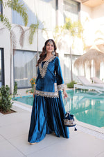 Thumbnail for Prazu Fashion Turquoise Velvet With Zari Embroidered & Real Mirror Work Palazzo With Potli Bag - Distacart