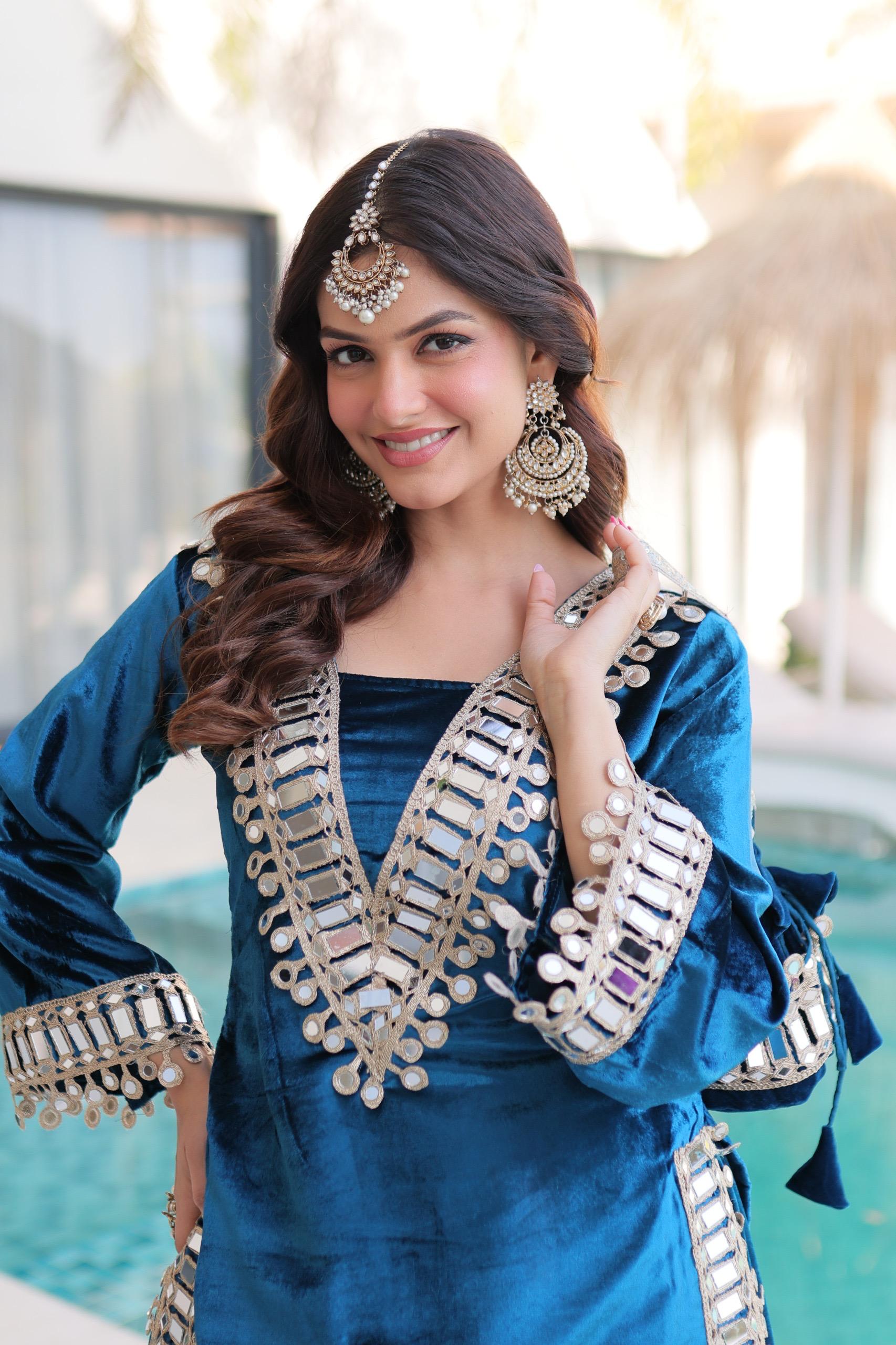 Prazu Fashion Turquoise Velvet With Zari Embroidered & Real Mirror Work Palazzo With Potli Bag - Distacart