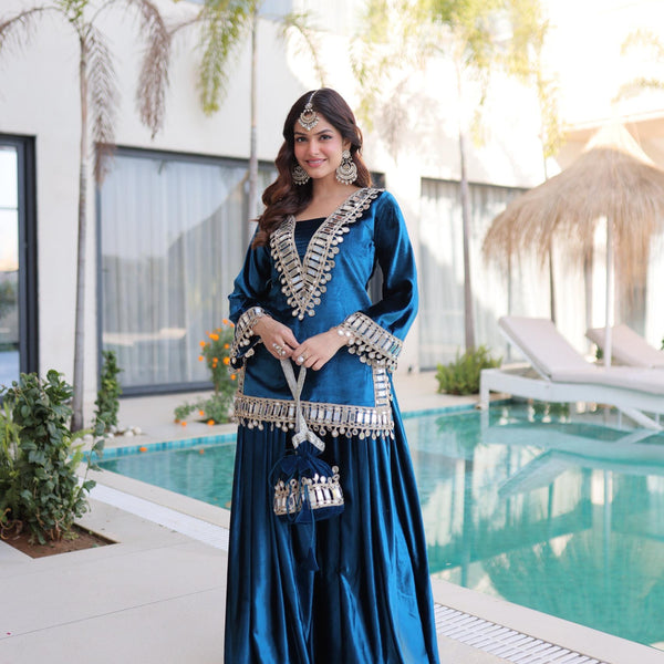 Prazu Fashion Turquoise Velvet With Zari Embroidered & Real Mirror Work Palazzo With Potli Bag - Distacart