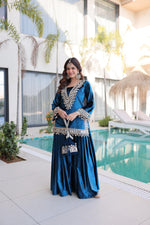 Thumbnail for Prazu Fashion Turquoise Velvet With Zari Embroidered & Real Mirror Work Palazzo With Potli Bag - Distacart