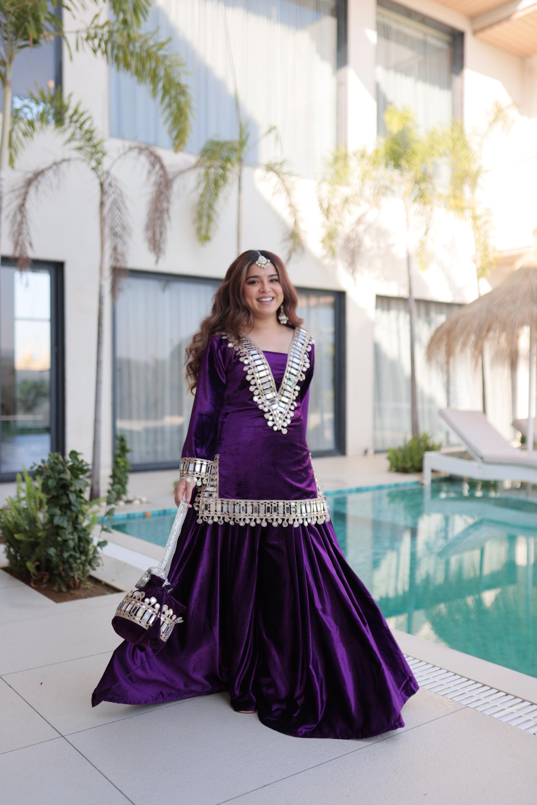 Prazu Fashion Violet Velvet With Zari Embroidered & Real Mirror Work Plazzo With Potli Bag - Distacart